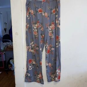 Flora Nikrooz Slate Blue Floral Lounge Pants with Red and Cream Blooms